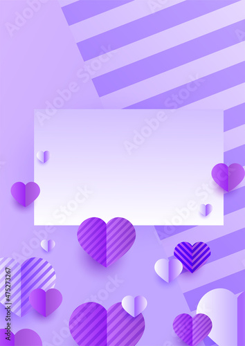 Valentine's day universal soft pastel purple love heart poster background. Valentine square bright purple Papercut style Love card design background