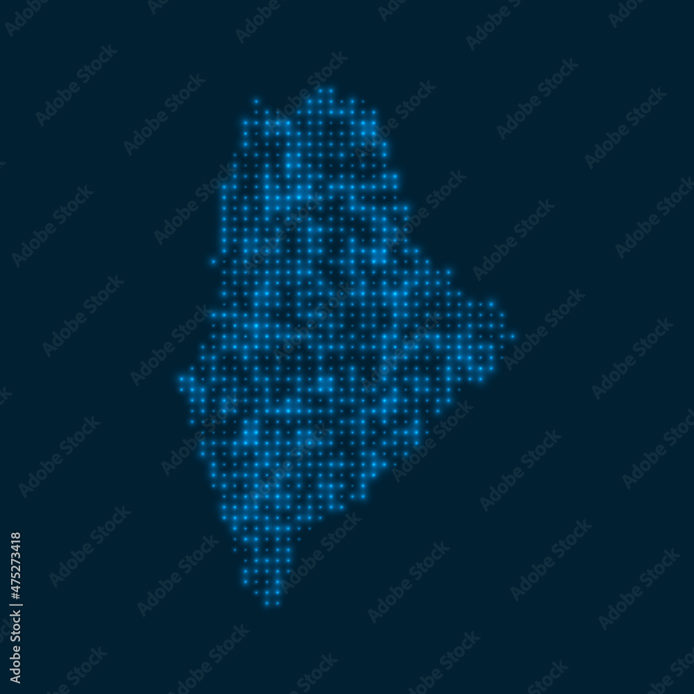 Maine dotted glowing map. Shape of the us state with blue bright bulbs. Vector illustration.