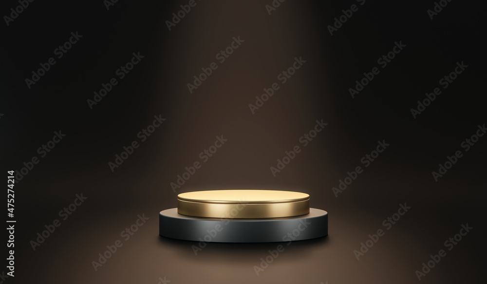 Empty gold black podium 3d background pedestal stand showcase or blank golden product stage display studio mockup and luxury advertising light, dark backdrop with geometric cosmetic showroom banner. Empty gold black podium 3d background pedestal stand showcase or blank golden product stage display studio mockup and luxury advertising light, dark backdrop with geometric cosmetic showroom banner.