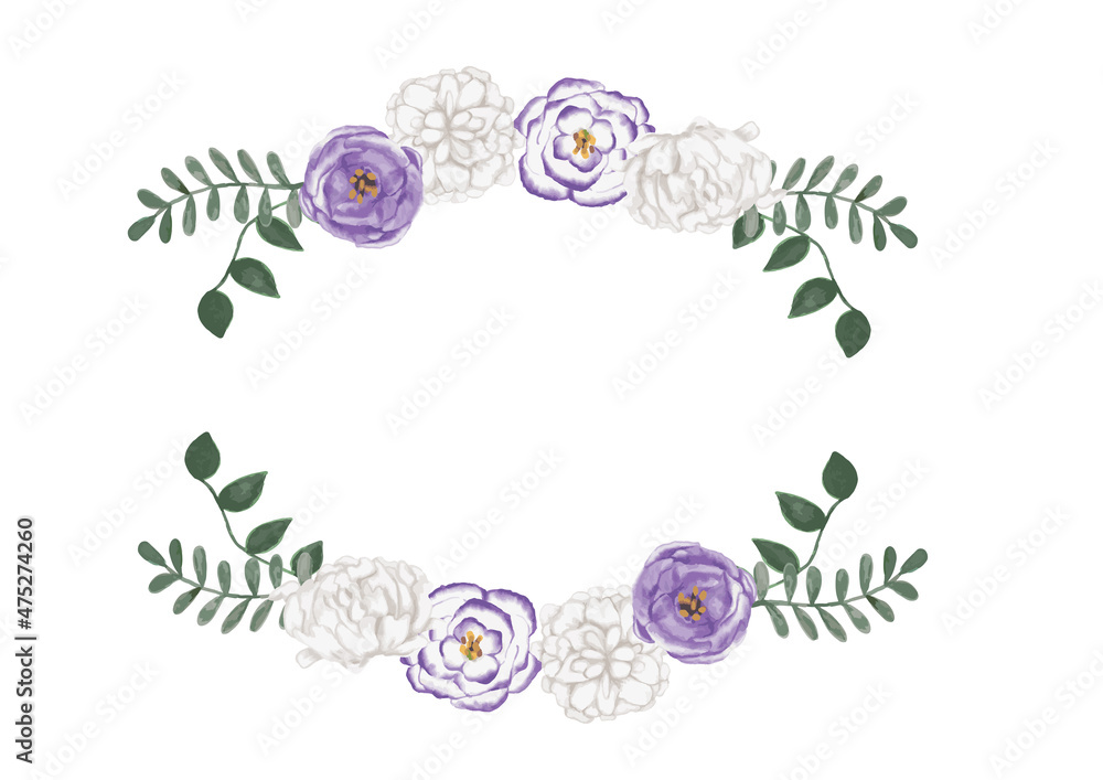 Obraz premium 白と紫の花をあしらったボタニカルフレーム 水彩風ベクターイラスト
