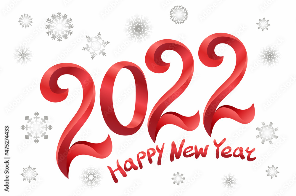 2022 A Happy New Year congrats concept. Stained glass logotype. Beautiful snowy backdrop. Abstract isolated graphic design template. Decorative numbers. red digits. Creative red decoration.