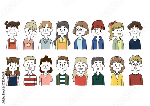 いろいろな子供の上半身イラストセット　かわいいさまざまな髪の色のキッズ　ゆるい手描きの人物イラスト　