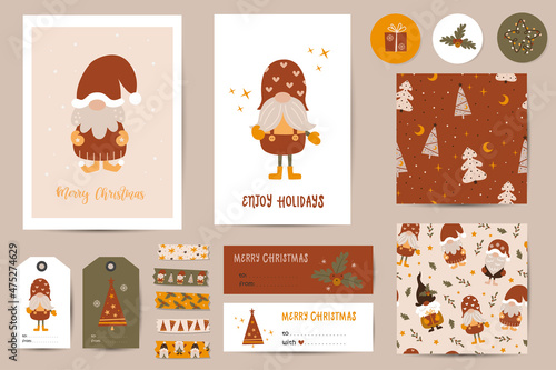 Christmas set with Christmas cards, notes, stickers, labels, tags with cute gnomes