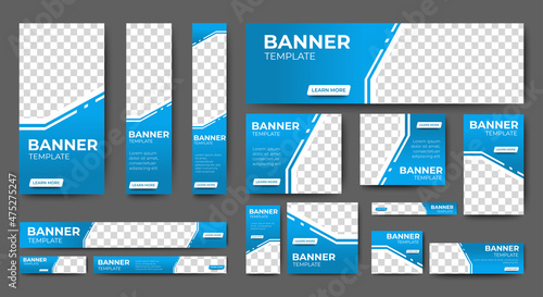 set of creative web banners of standard size with a place for photos. Gradient Blue. Business ad banner. Vertical, horizontal and square template.