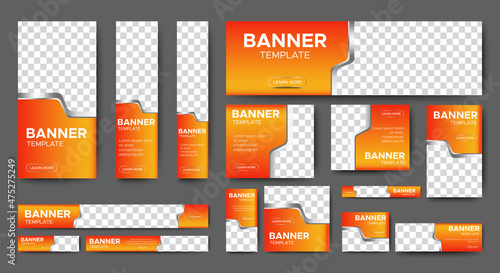 set of creative web banners of standard size with a place for photos. Gradient Orange. Business ad banner. Vertical, horizontal and square template.