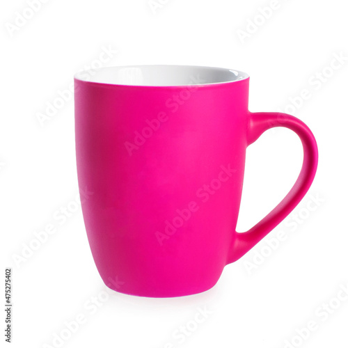 Pink mug for tea isolated on white background. Cup of tea, coffee.