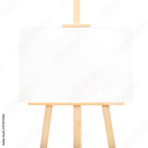 Wooden Brown Easel with Mock Up Empty Blank Canvas Isolated on wiite background.