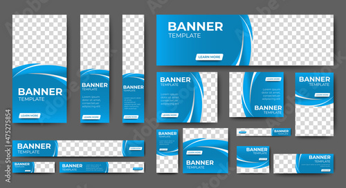 set of creative web banners of standard size with a place for photos. Gradient Blue. Business ad banner. Vertical, horizontal and square template.