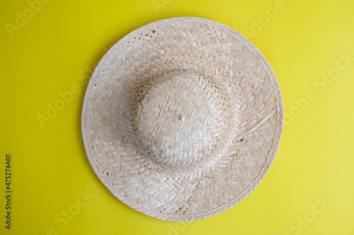 Women's sun hats against a yellow background, beach fashion