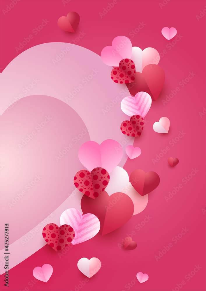 Shinning heart red pink Papercut style Love card design background. Design for special days, women's day, birthday, mother's day, father's day, Christmas, and wedding.