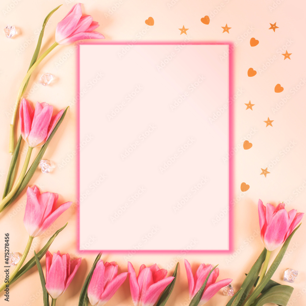 Obraz premium Floral frame. Romantic card with tulip and hearts around.