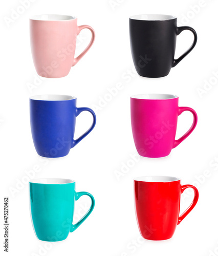 Set of colorful coffee mugs isolated on white background. Cup of tea.