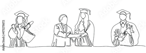 Continuous one line drawing graduates with diplomas. Concept of study, graduation and degree. Vector illustration