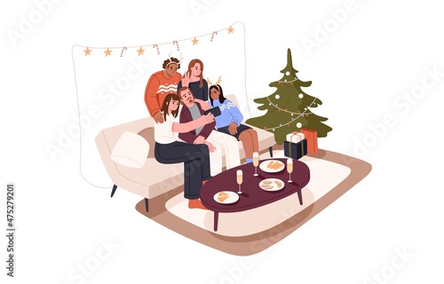 Friends taking joint selfie photo on mobile phone while celebrating holidays at New Year party at home.Men and women on sofa at Christmas. Flat graphic vector illustration isolated on white background