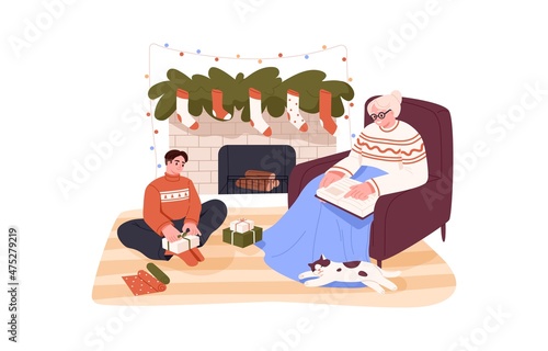 Family by fireplace at Christmas eve. Happy grandmother read Xmas book in armchair, kid wrap gifts at home. Granny and grandchild by cozy fireside. Flat graphic vector illustration isolated on white