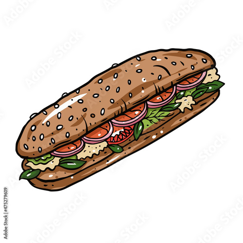 Big long sandwich. Hand drawn colorful realistic style. Black outline sketch. Vector illustration.