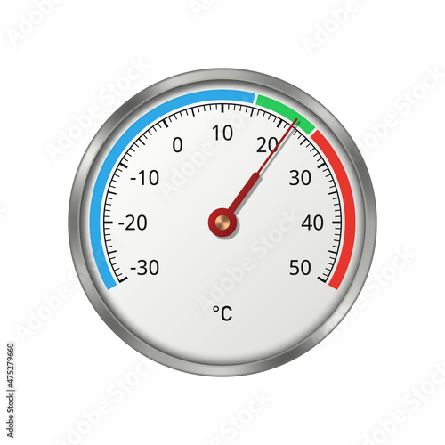 Round thermometer with color scale on white background. Temperature from minus 30 to plus 50 degrees Celsius. Vector illustration.