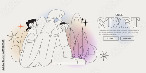 Man press start button and launch space mission. Concept of promotion, seasonal sale discount, innovation, courses into new profession or business. Creative banner with vector character illustration.