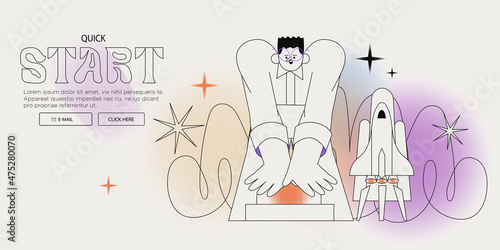 Man press start button and launch space mission. Concept of promotion, seasonal sale discount, innovation, courses into new profession or business. Creative banner with vector character illustration.