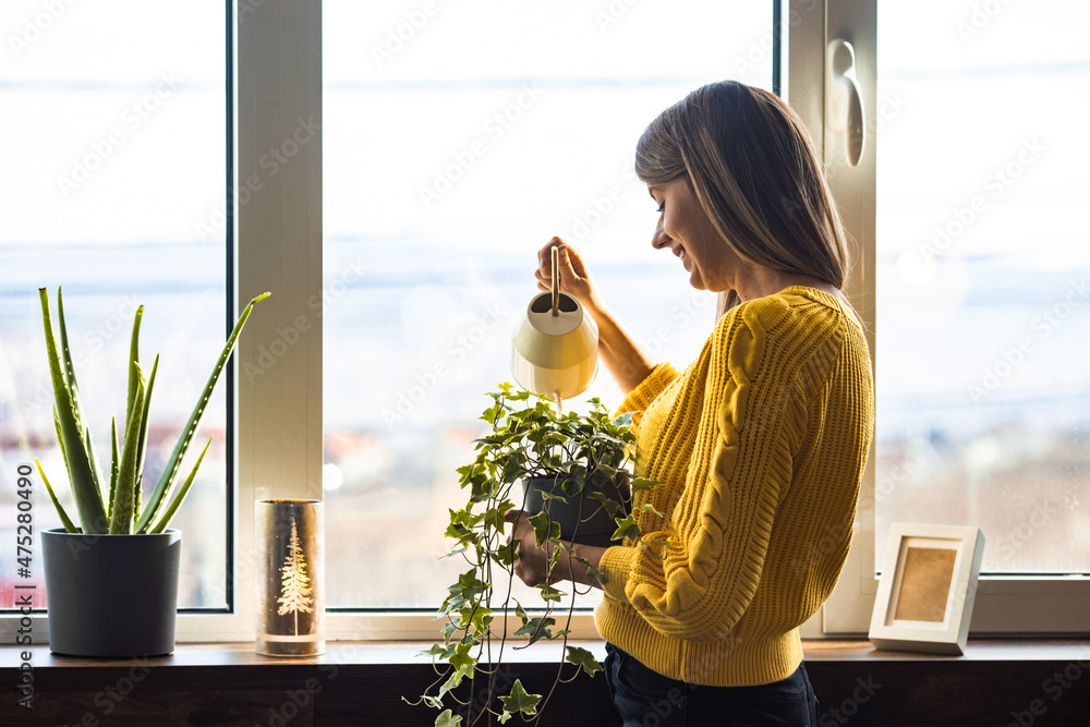 Φωτογραφία Young happy brunette woman pouring water from watering can on potted plants in her home greenhouse, her little private garden