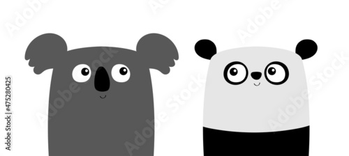Cute panda bear Koala set. Kawaii cartoon character. Funny head face. Happy Valentines Day. Baby greeting card template. Notebook cover, tshirt. White background. Flat design.