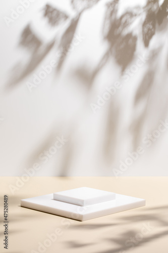 Abstract minimal nature scene - empty stage and square podium on beige background and soft shadows of tree leaves. Pedestal for cosmetic product and packaging mockups display presentation