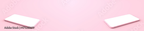 3D rendering of mockup pink Smartphone white screen on pink floor, Pink Mobile phone tilted and lay down on the ground. Smartphone white screen can be used for advertising,Isolated on pink background.