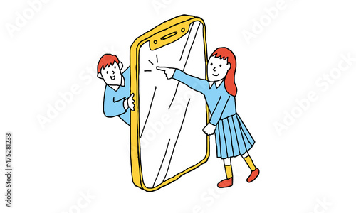 スマートフォンの画面を操作する学生