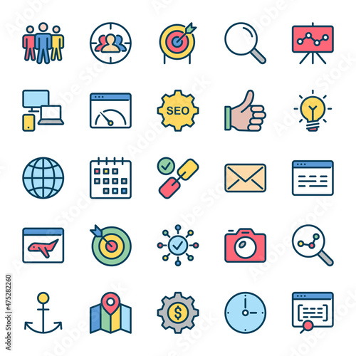 Filled outline icons for search engine optimization.