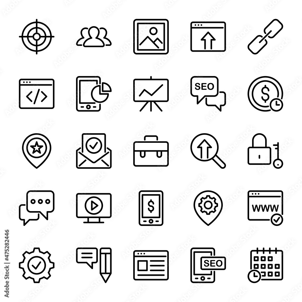 Outline icons for search engine optimization. Outline icons for search engine optimization.