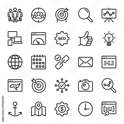 Outline icons for search engine optimization.