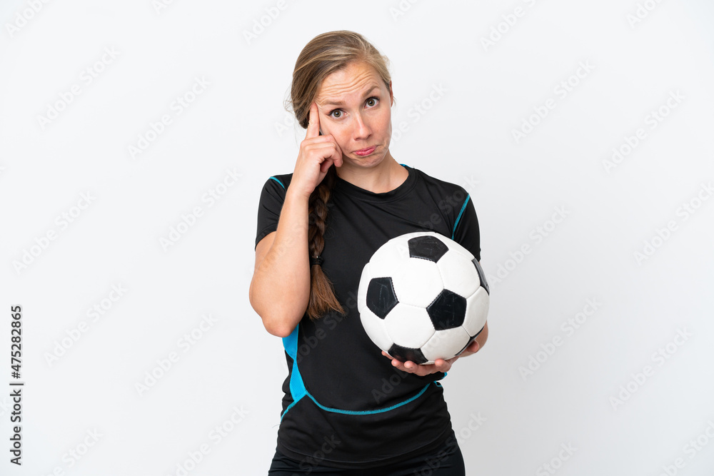 Young football player woman isolated on white background thinking an idea Young football player woman isolated on white background thinking an idea