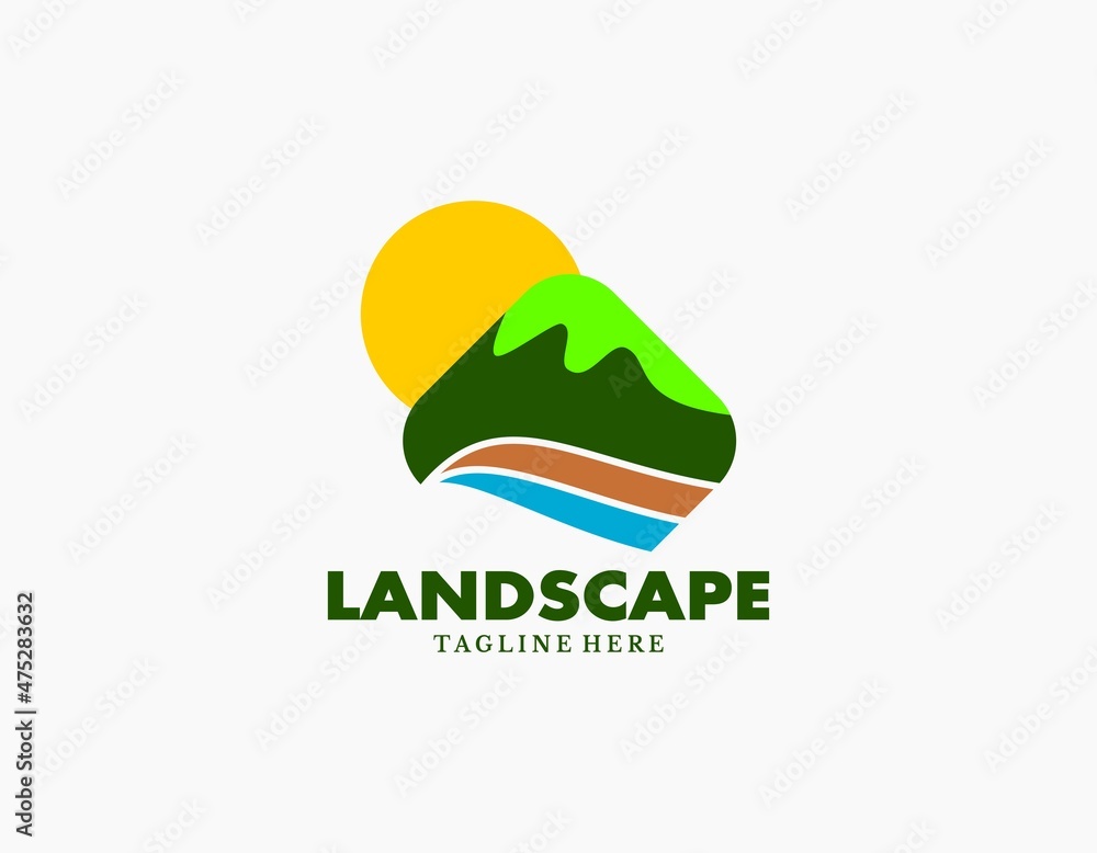 Beautiful landscape logo icon. Vector template of mountain scenic, river, road, and sun. Suitable for farm, ravel, company, ecology.  