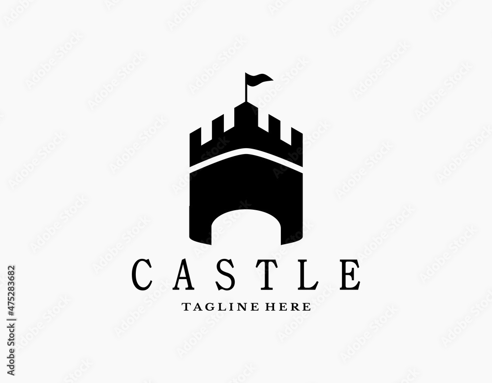Simple castle logo icon. Elegant design of palace or fortress with black and white. Tower Silhouette with flags. Suitable for museums, stamps, postcards. Simple castle logo icon. Elegant design of palace or fortress with black and white. Tower Silhouette with flags. Suitable for museums, stamps, postcards.