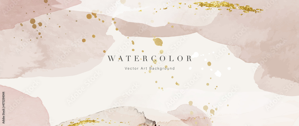 Watercolor art background vector. Wallpaper design with paint brush and gold line art. Earth tone beige watercolor Illustration for prints, wall art, cover and invitation cards.