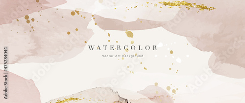 Watercolor art background vector. Wallpaper design with paint brush and gold line art. Earth tone beige watercolor Illustration for prints, wall art, cover and invitation cards.