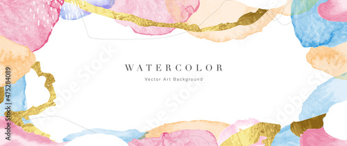 Watercolor art background vector. Wallpaper design with paint brush and gold line art. Earth tone beige watercolor Illustration for prints, wall art, cover and invitation cards.