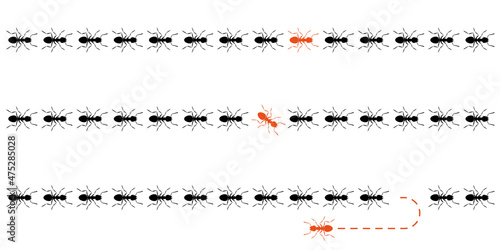 Think differently concept. Ants marching and one changing direction. One ant going out of line. Different way, new idea, new path, innovation. Be yourself business metaphor.