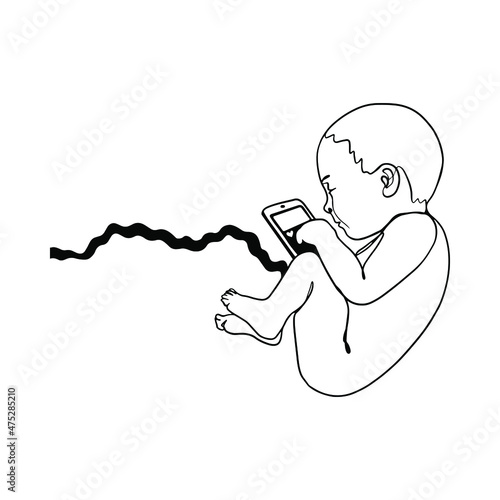 Minimalist Line Art of a Baby Holding Smartphone in Womb Position, Modern Concept