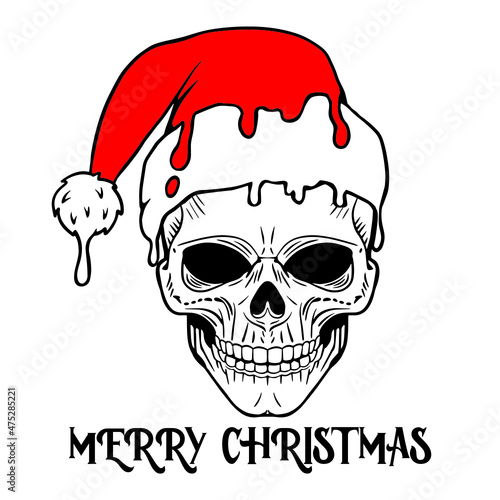 Vector Christmas skull illustration. Hand drawn skull in Santa hat. Inscription Merry Christmas. Print t shirt design.