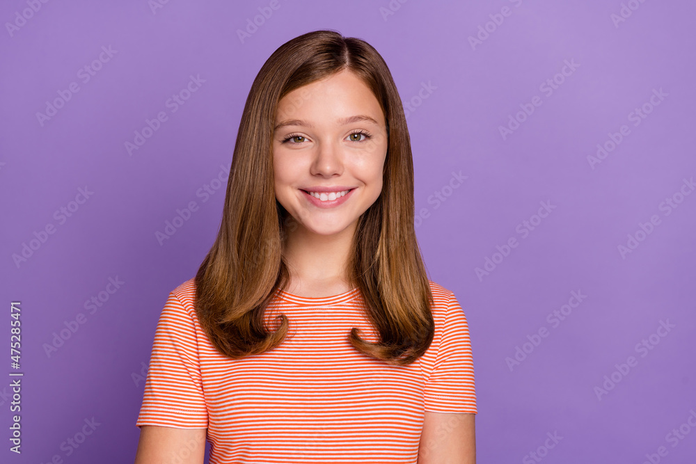 Portrait of attractive cheerful content brown-haired girl good mood isolated over vivid violet purple color background Portrait of attractive cheerful content brown-haired girl good mood isolated over vivid violet purple color background