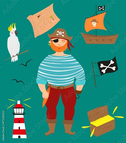 Bundle pirate. pirate set. pirate with hook. vector