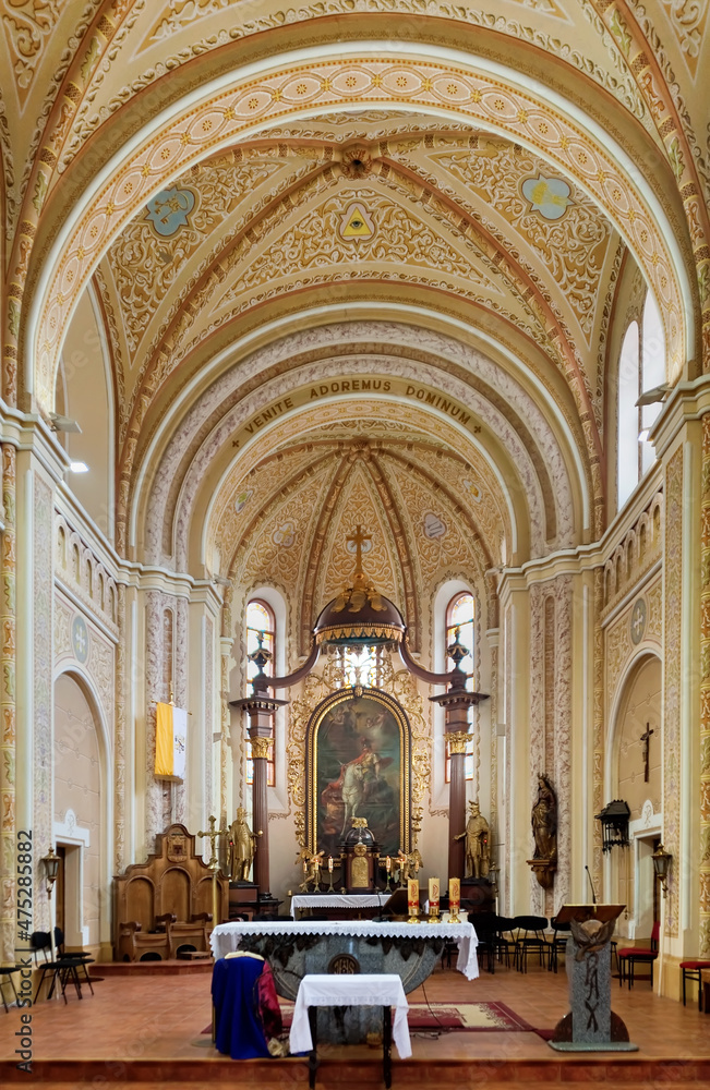 The interior of the St. Martin of Tours Cathedral, also called Mukacheve Cathedral, in Mukachevo city in Ukraine