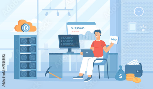 Cryptocurrency mining. Сreating new crypto coin using server racks. Blockchain technology, mining farm. Flat cartoon vector illustration with people characters for banner, website design