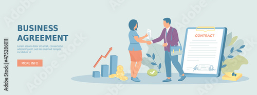 Business agreement or deal, partnership, cooperation, collaboration. Contract signing.Colleagues man and woman shaking hands. Promotional web banner. Cartoon vector illustration with people characters