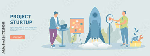 Project startup. Team project with new ideas, vision, growth strategy, innovation. Successful rocket launch. Promotional web banner. Cartoon flat vector illustration with people characters.