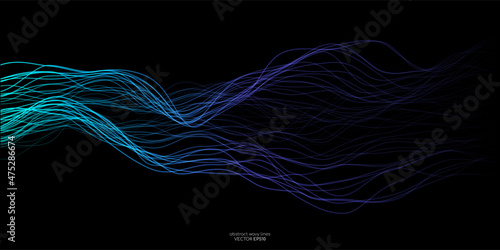 Abstract vector wave lines green and blue colors isolated on black background for design elements in concept technology, modern, science. A.I.