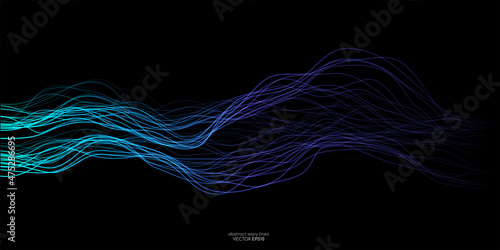 Abstract vector wave lines green and blue colors isolated on black background for design elements in concept technology, modern, science. A.I.