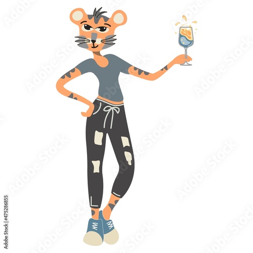 Quadro su tela A cute tigress in human form with a glass of champagne or wine