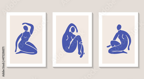 Set of three abstract posters with female silhouettes. Matisse style. Blue framed women shapes.